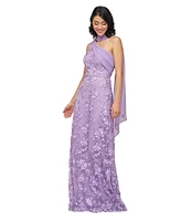 JS Collections Nola Asymmetrical Scarf One Shoulder Embroidered Mesh A-Line Gown