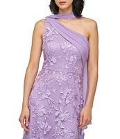 JS Collections Nola Asymmetrical Scarf One Shoulder Embroidered Mesh A-Line Gown
