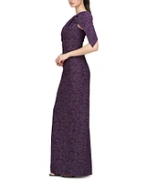 JS Collections Cape Sleeve Floral Stretch Jacquard Column Gown