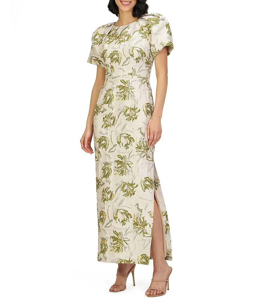 JS Collections Penny Round Neck Puff Sleeve Abstract Floral Stretch Jacquard Column Gown