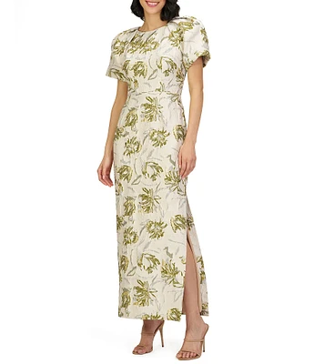 JS Collections Penny Round Neck Puff Sleeve Abstract Floral Stretch Jacquard Column Gown