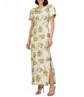 JS Collections Penny Round Neck Puff Sleeve Abstract Floral Stretch Jacquard Column Gown