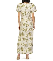 JS Collections Penny Round Neck Puff Sleeve Abstract Floral Stretch Jacquard Column Gown