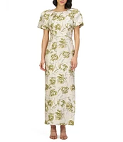 JS Collections Penny Round Neck Puff Sleeve Abstract Floral Stretch Jacquard Column Gown