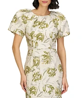 JS Collections Penny Round Neck Puff Sleeve Abstract Floral Stretch Jacquard Column Gown