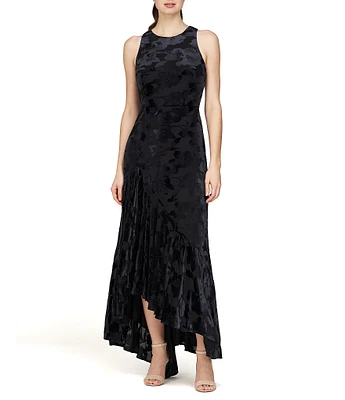 JS Collections Round Neck Floral Velvet Burnout Ruffle Hi Low Hem Gown