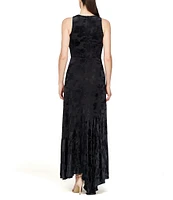 JS Collections Round Neck Floral Velvet Burnout Ruffle Hi Low Hem Gown