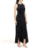 JS Collections Round Neck Floral Velvet Burnout Ruffle Hi Low Hem Gown