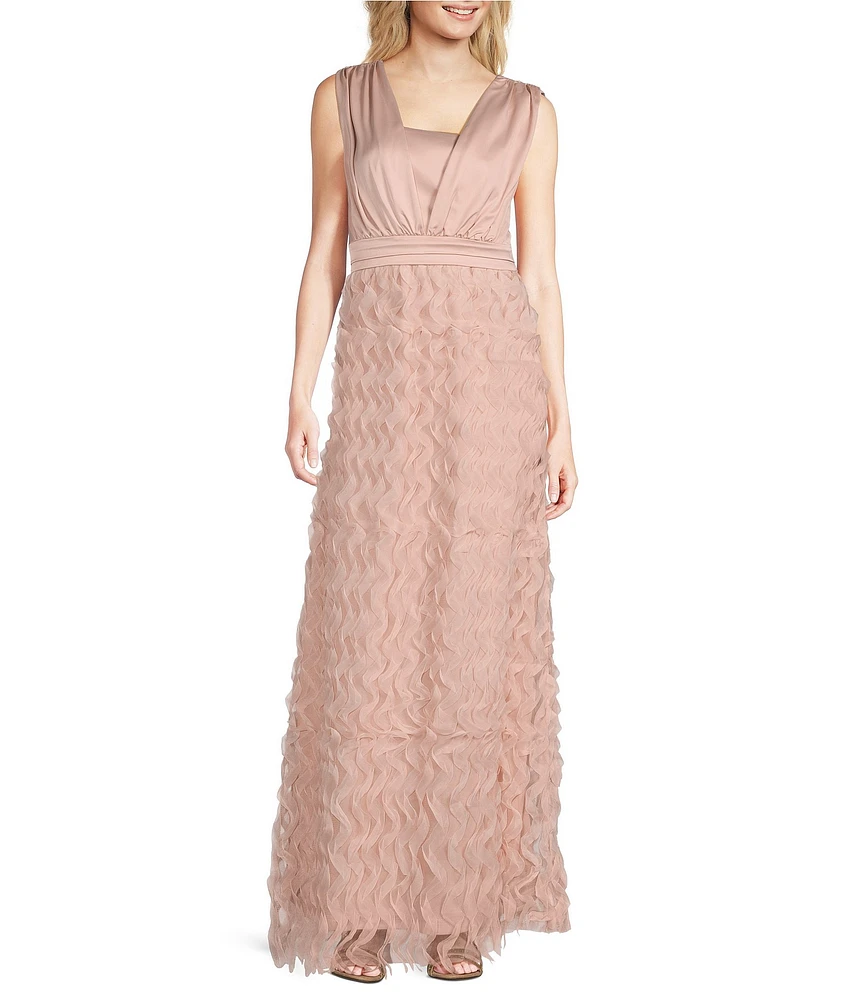 JS Collections Satin Ruffle Mesh V Neck Sleeveless Gown