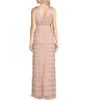 JS Collections Satin Ruffle Mesh V Neck Sleeveless Gown