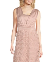 JS Collections Satin Ruffle Mesh V Neck Sleeveless Gown