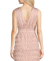 JS Collections Satin Ruffle Mesh V Neck Sleeveless Gown
