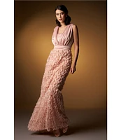 JS Collections Satin Ruffle Mesh V Neck Sleeveless Gown