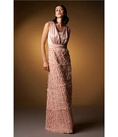 JS Collections Satin Ruffle Mesh V Neck Sleeveless Gown