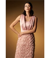 JS Collections Satin Ruffle Mesh V Neck Sleeveless Gown