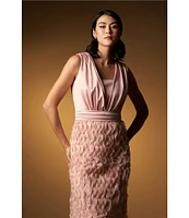 JS Collections Satin Ruffle Mesh V Neck Sleeveless Gown