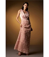 JS Collections Satin Ruffle Mesh V Neck Sleeveless Gown