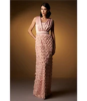 JS Collections Satin Ruffle Mesh V Neck Sleeveless Gown