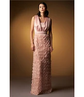 JS Collections Satin Ruffle Mesh V Neck Sleeveless Gown