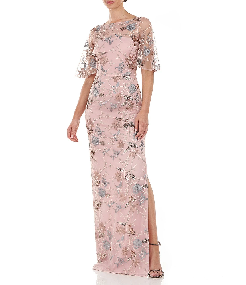 JS Collections Sequin Embroidered Mesh Short Flutter Sleeve Illusion Boat Neck Gown