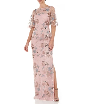JS Collections Sequin Embroidered Mesh Short Flutter Sleeve Illusion Boat Neck Gown