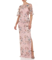 JS Collections Sequin Embroidered Mesh Short Flutter Sleeve Illusion Boat Neck Gown