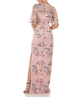 JS Collections Sequin Embroidered Mesh Short Flutter Sleeve Illusion Boat Neck Gown