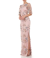JS Collections Sequin Embroidered Mesh Short Flutter Sleeve Illusion Boat Neck Gown