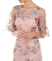 JS Collections Sequin Embroidered Mesh Short Flutter Sleeve Illusion Boat Neck Gown