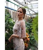 JS Collections Sequin Embroidered Mesh Short Flutter Sleeve Illusion Boat Neck Gown