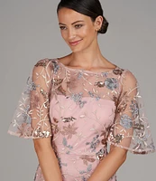 JS Collections Sequin Embroidered Mesh Short Flutter Sleeve Illusion Boat Neck Gown