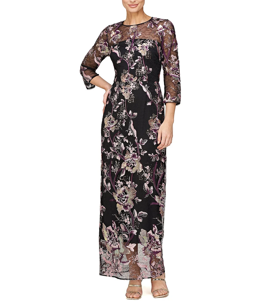 JS Collections Sequin Lace Mesh Embroidered Rose Vine Crew Neck 3/4 Sleeve Illusion Hem Column Gown