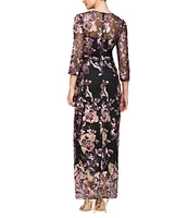 JS Collections Sequin Lace Mesh Embroidered Rose Vine Crew Neck 3/4 Sleeve Illusion Hem Column Gown