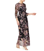 JS Collections Sequin Lace Mesh Embroidered Rose Vine Crew Neck 3/4 Sleeve Illusion Hem Column Gown