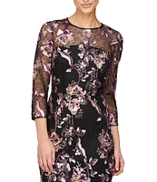 JS Collections Sequin Lace Mesh Embroidered Rose Vine Crew Neck 3/4 Sleeve Illusion Hem Column Gown