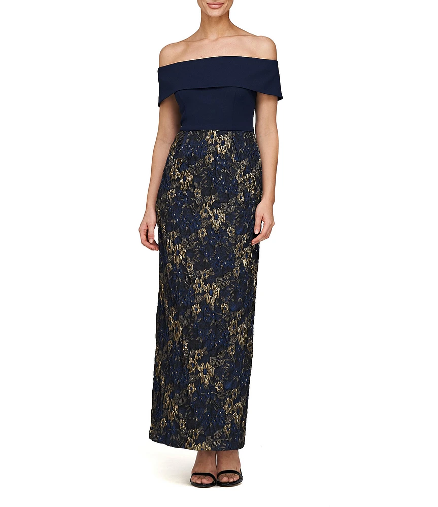 JS Collections Stretch Crepe Metallic Jacquard Off The Shoulder Gown