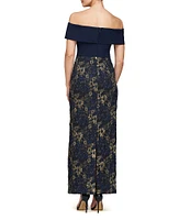 JS Collections Stretch Crepe Metallic Jacquard Off The Shoulder Gown