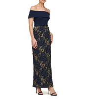 JS Collections Stretch Crepe Metallic Jacquard Off The Shoulder Gown