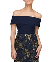 JS Collections Stretch Crepe Metallic Jacquard Off The Shoulder Gown