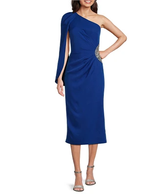 JS Collections Stretch Crepe One Shoulder Neck One Cape Sleeve Beaded Side Sheath Midi Dress