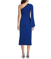 JS Collections Stretch Crepe One Shoulder Neck One Cape Sleeve Beaded Side Sheath Midi Dress