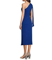 JS Collections Stretch Crepe One Shoulder Neck One Cape Sleeve Beaded Side Sheath Midi Dress