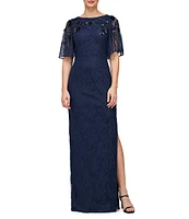 JS Collections Stretch Lace Beaded Paillette Boat Neck Elbow Flutter Sleeve Gown