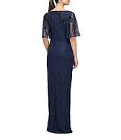 JS Collections Stretch Lace Beaded Paillette Boat Neck Elbow Flutter Sleeve Gown