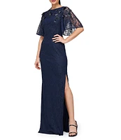 JS Collections Stretch Lace Beaded Paillette Boat Neck Elbow Flutter Sleeve Gown