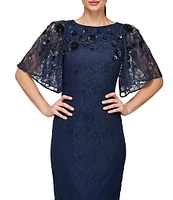 JS Collections Stretch Lace Beaded Paillette Boat Neck Elbow Flutter Sleeve Gown