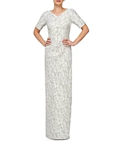 JS Collections Stretch Metallic Floral Jacquard V-Neck Short Sleeve Pleated Column Gown