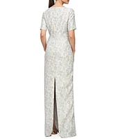 JS Collections Stretch Metallic Floral Jacquard V-Neck Short Sleeve Pleated Column Gown