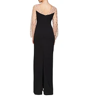 JS Collections Stretch Scuba Crepe Pearl Sequin Boat Neck Balloon Sleeve Back Slit Column Gown