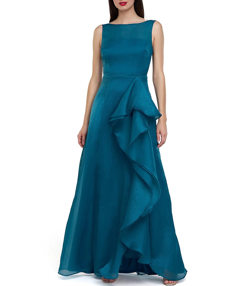 JS Collections Texture Organza Bateau Neck Sleeveless Oversize Ruffle Cascade Front Side Slit Hem Ball Gown